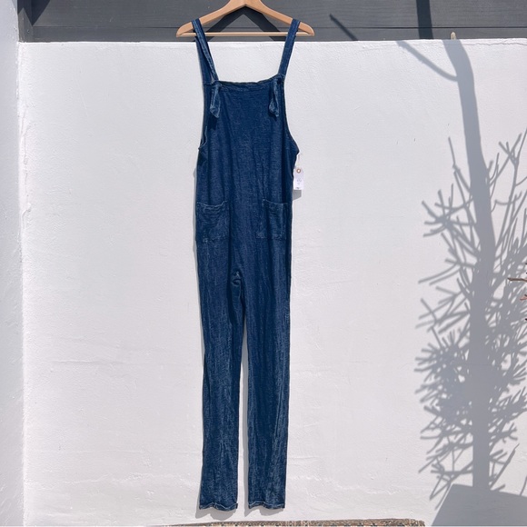People of Leisure Pants - Faded Dark Wash Blue Lightweight Tie Strap Jumpsuit